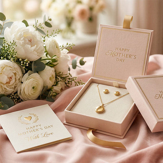 Sparkling pendant and gold-plated stud earrings in a pink gift box with peonies