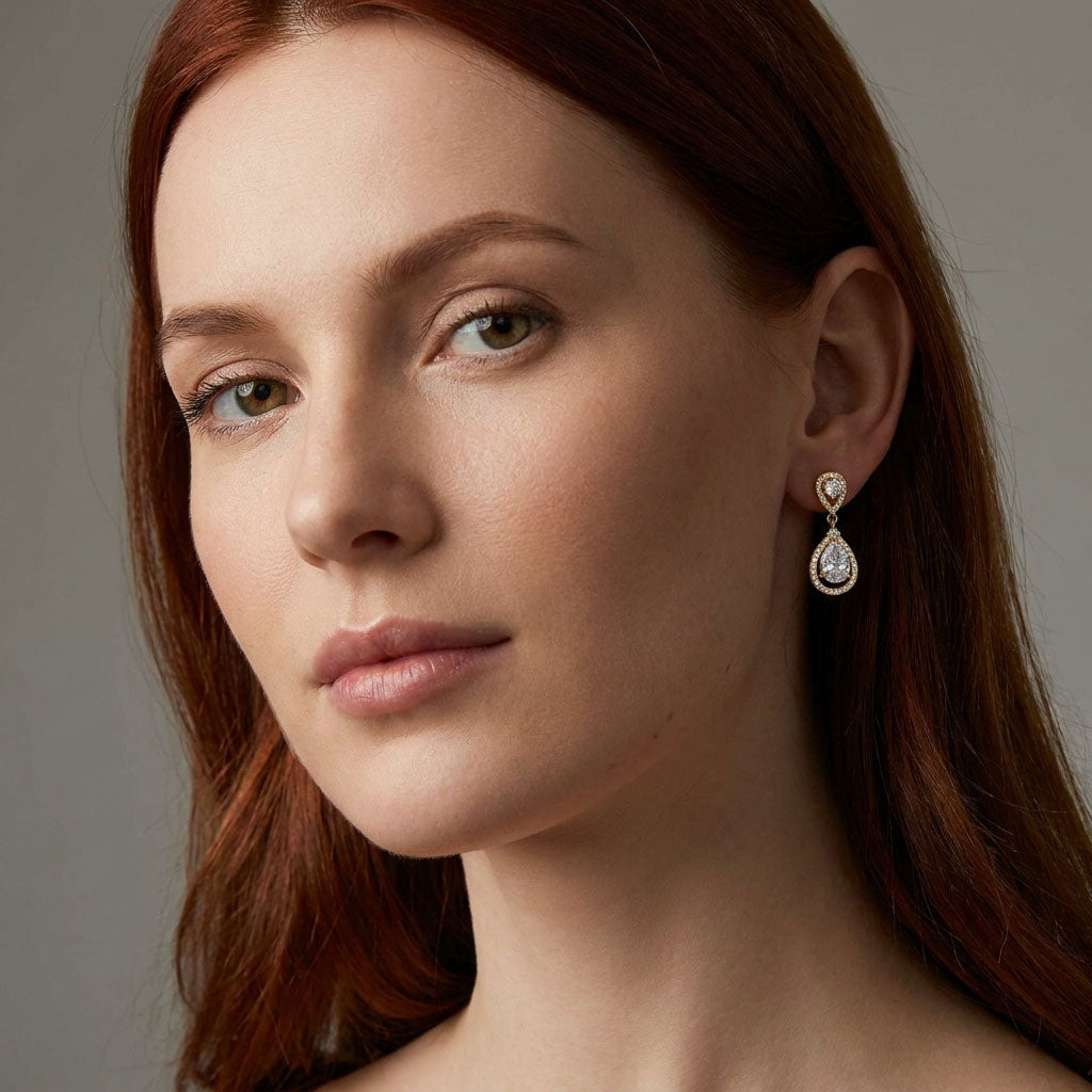 Model wearing gold-plated teardrop cubic zirconia earrings sparkling beside her face