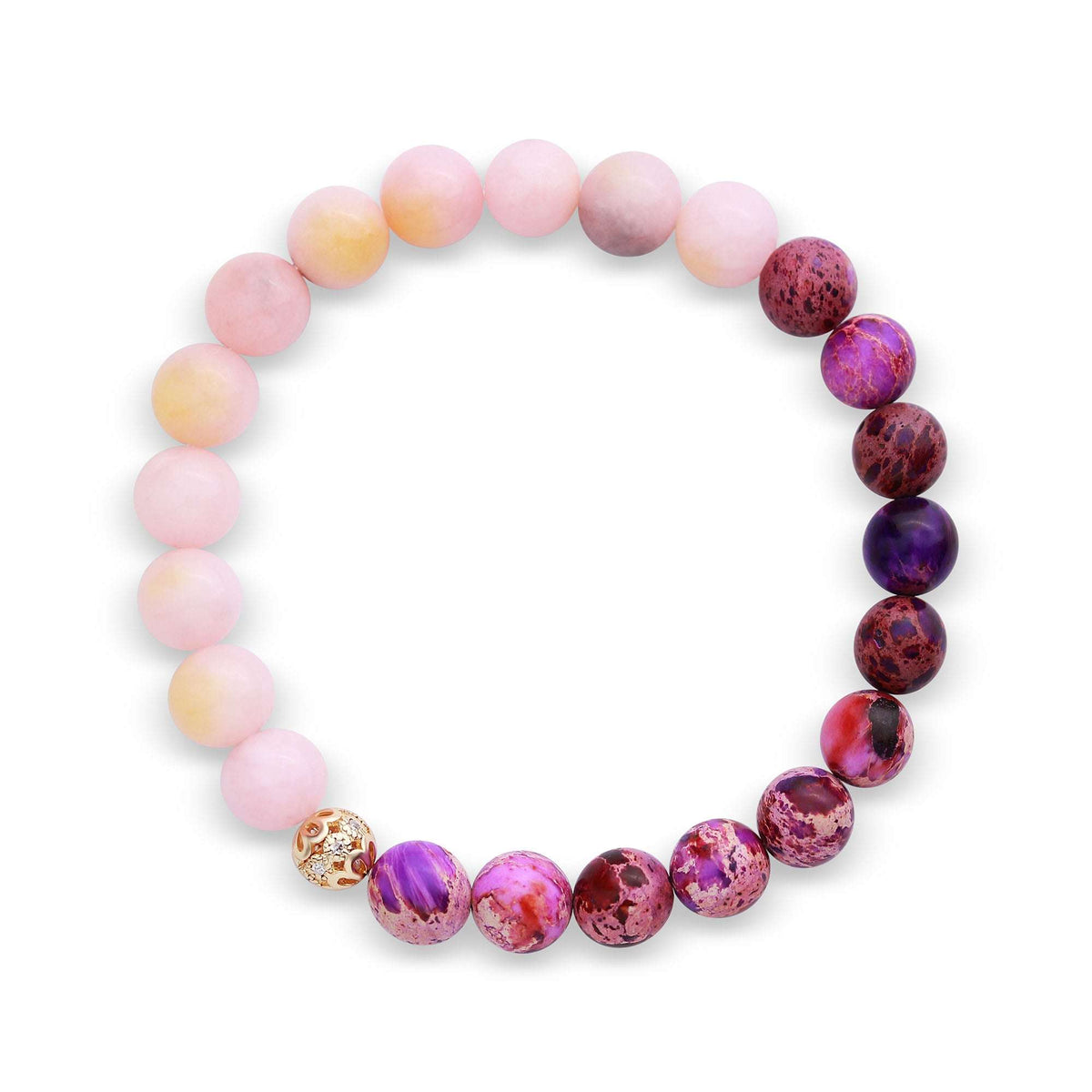 Bracelet with soft pink and violet imitation stones and a gold-tone decorative bead
