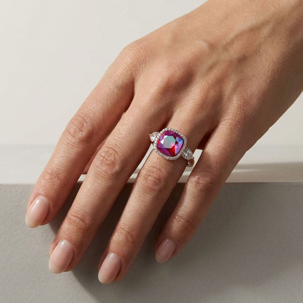 Model's hand wearing a ring with a sparkling multicoloured crystal and clear side stones