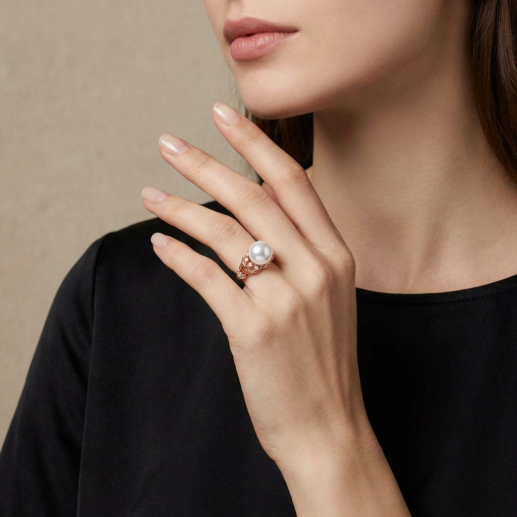 Model showing a gold-tone ring with a white pearl-like stone on her hand
