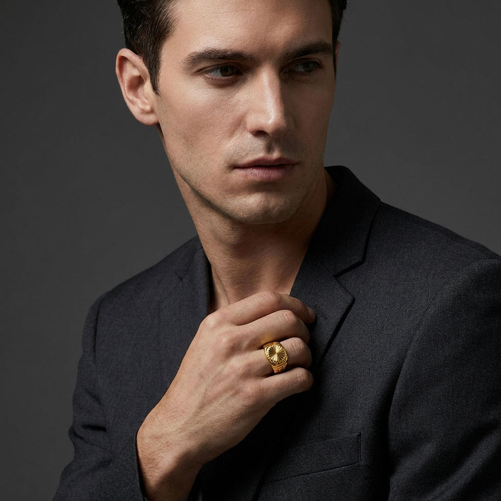 Man in a dark jacket wearing a gold-plated signet ring, close up