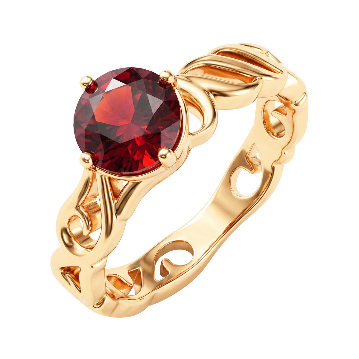 Gold-plated openwork ring with a round dark red stone in four prongs