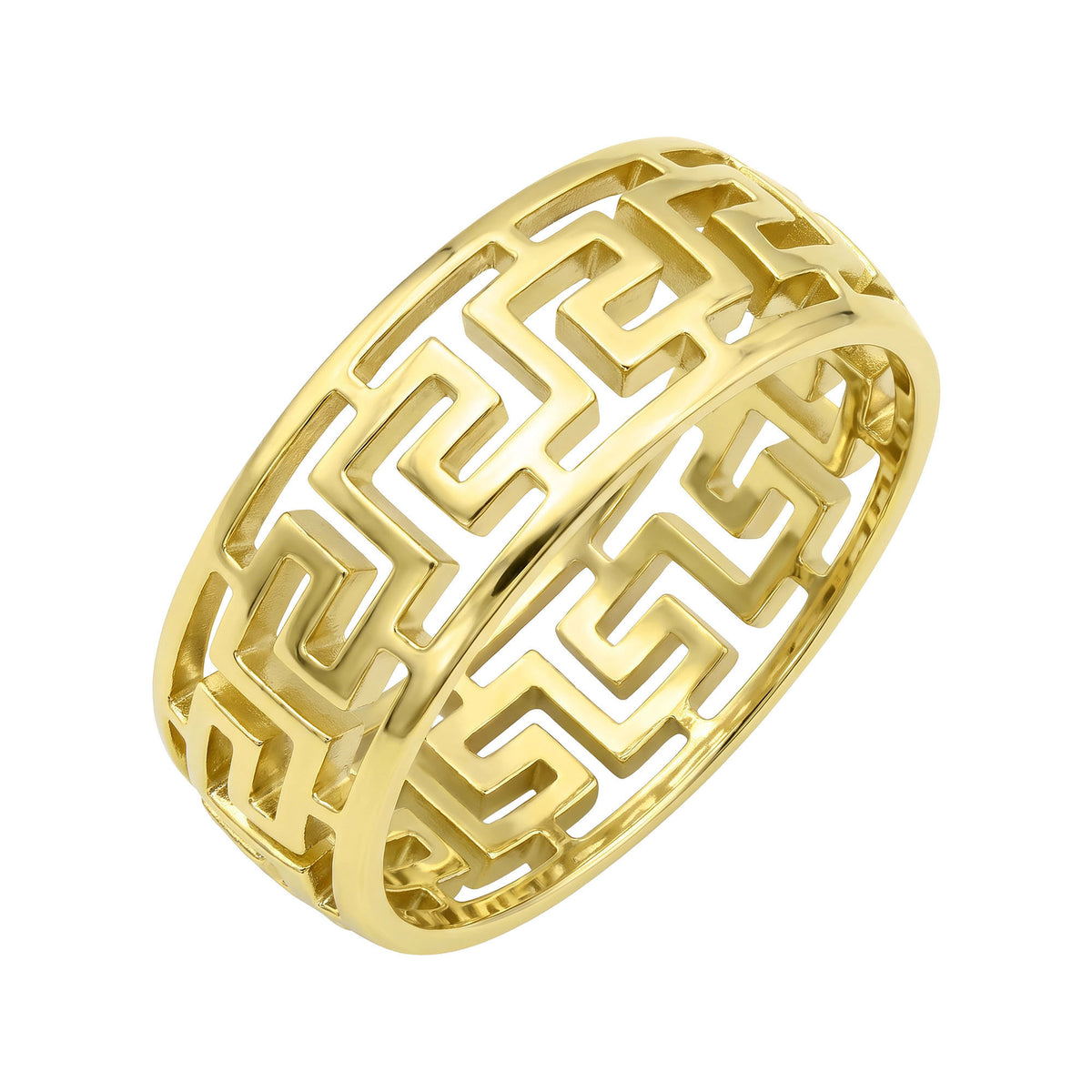 Wide gold-plated ring with an openwork Greek meander pattern on white