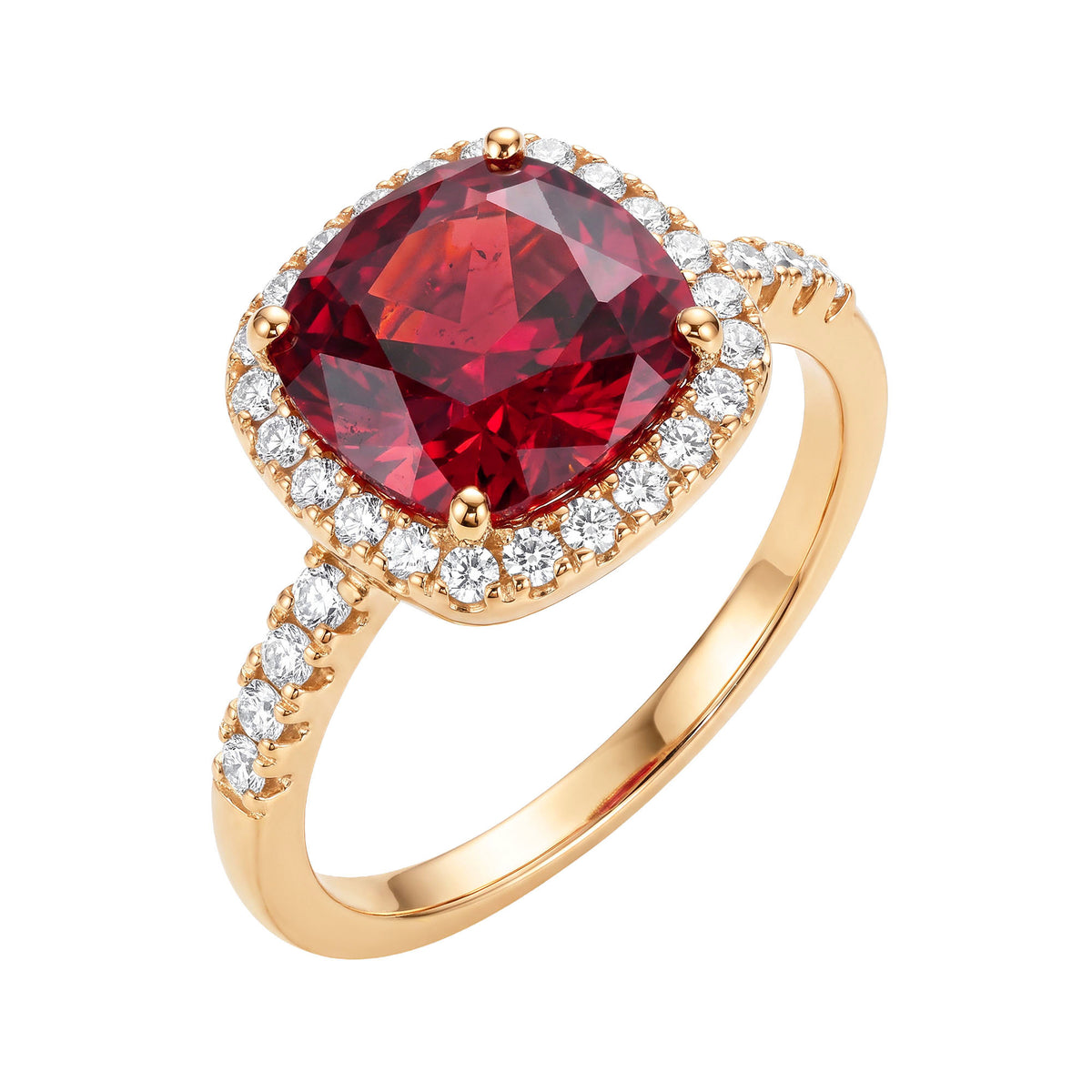 Gold-plated ring with a large red stone in a halo of white cubic zirconia