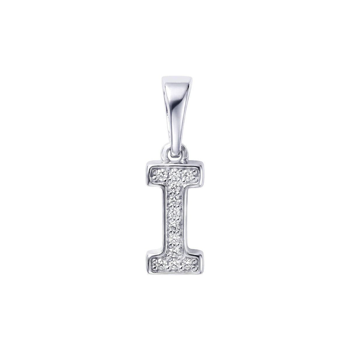 Letter I pendant with platinum plating, set with cubic zirconia along its length