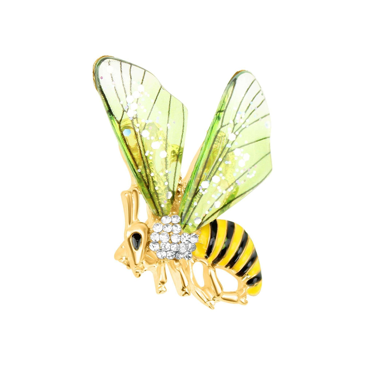 Bee brooch with translucent green wings, yellow and black enamel body and cubic zirconia