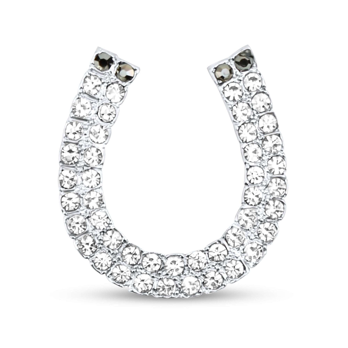 Silver-tone horseshoe brooch with two rows of clear stones and dark ends