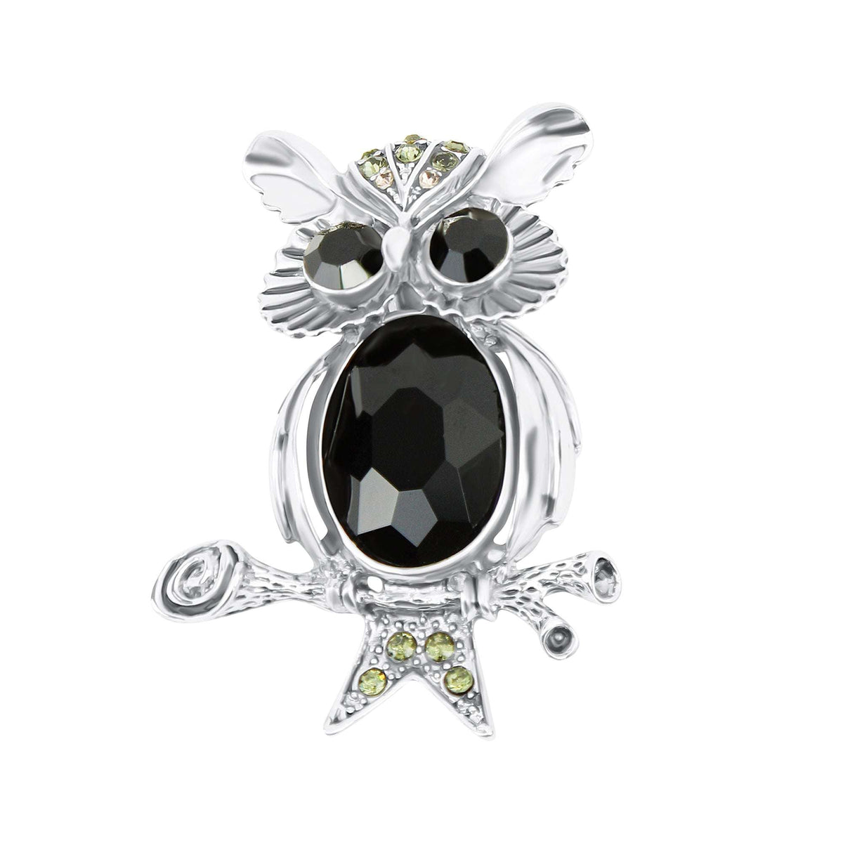 Silver-tone owl brooch with faceted black stone and green accents on a branch
