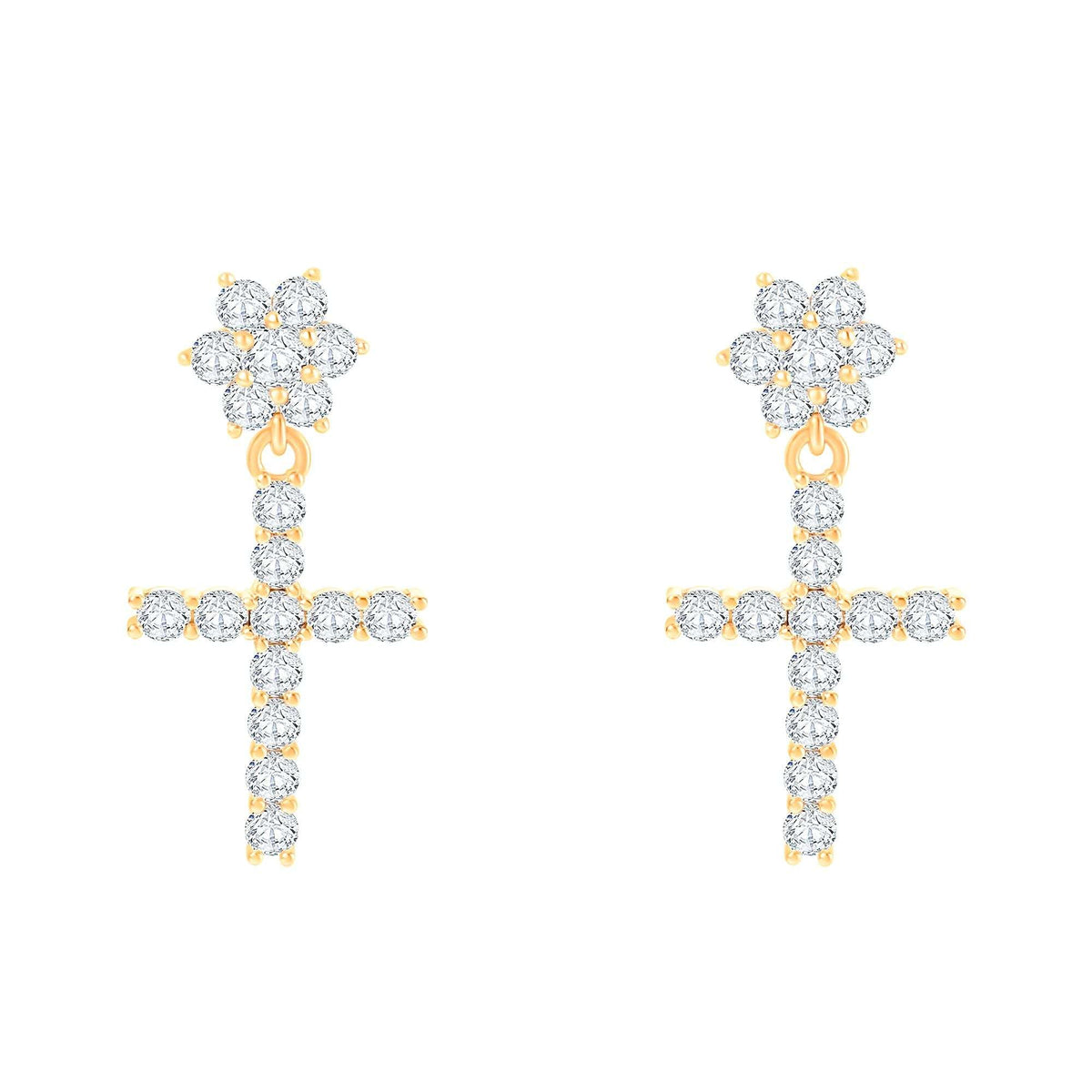 Cross drop earrings with white cubic zirconia and a flower stud
