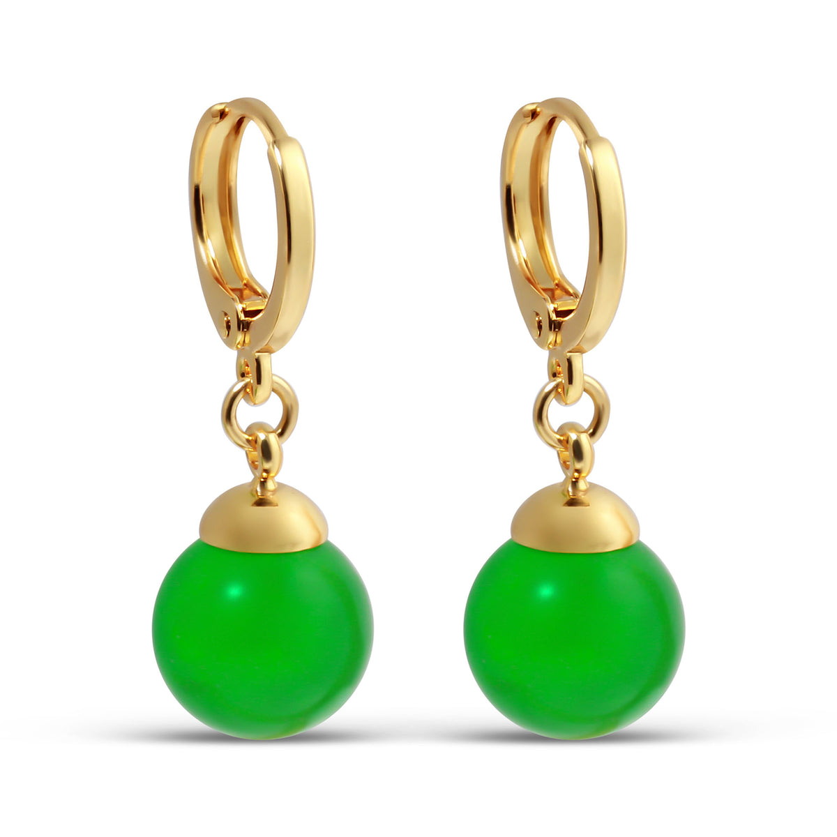 Gold-plated small hoop earrings with bright green beads, close-up on white