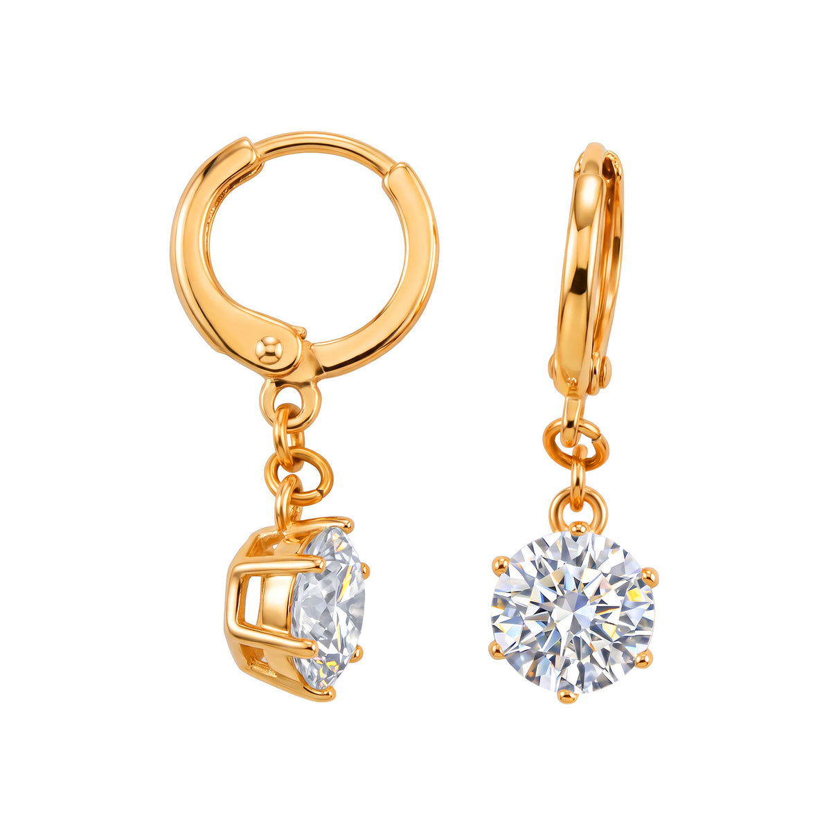 Gold-plated French hook earrings with a large round clear cubic zirconia drop