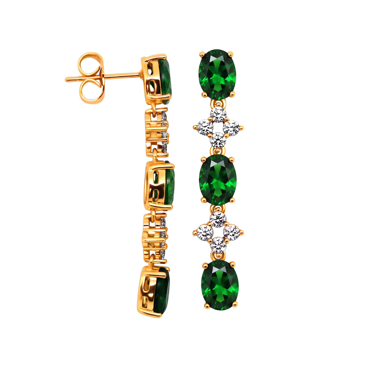 Gold-plated earrings with three green oval stones, white cubic zirconia and push-back posts