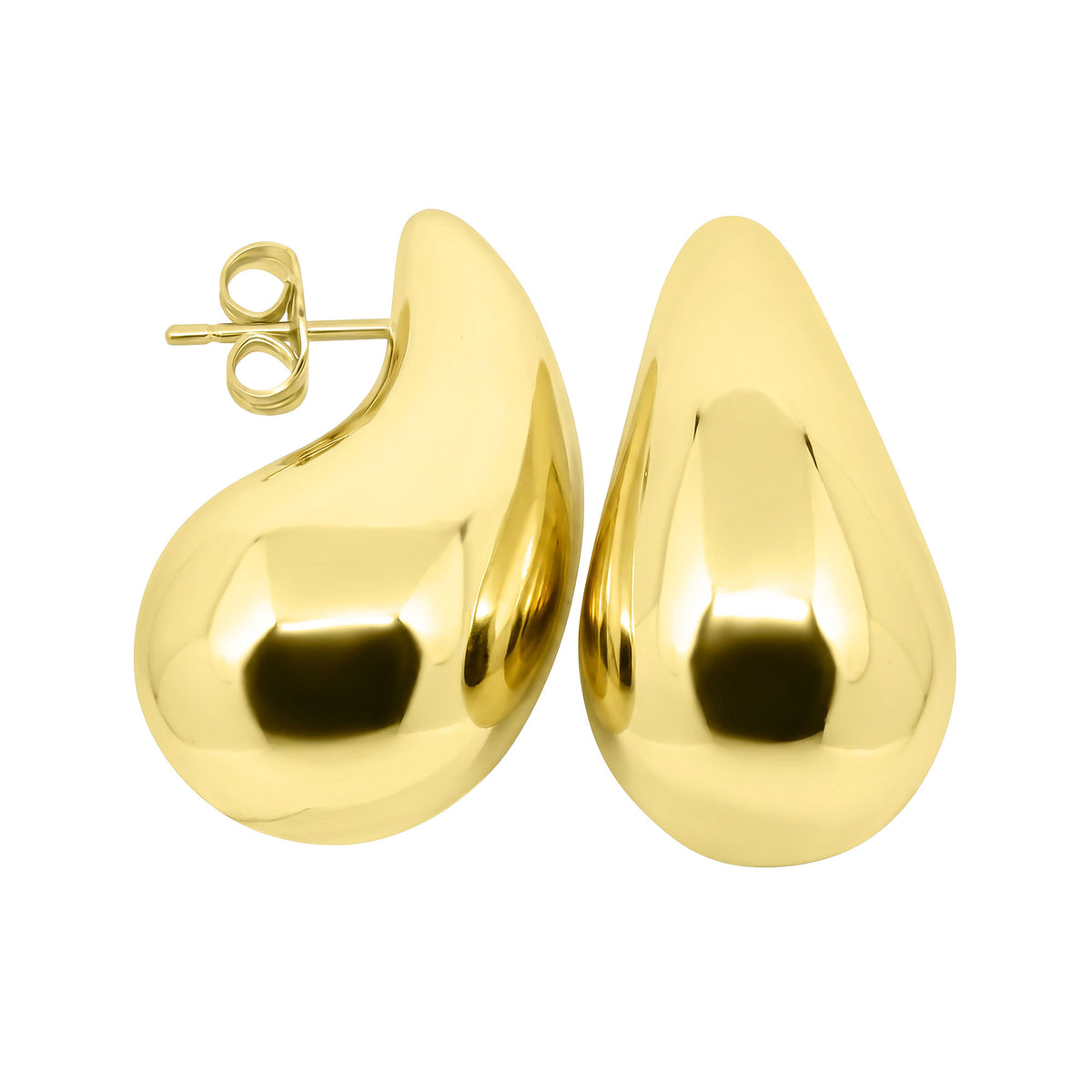 Chunky gold-plated teardrop earrings with a smooth glossy surface and push-back studs