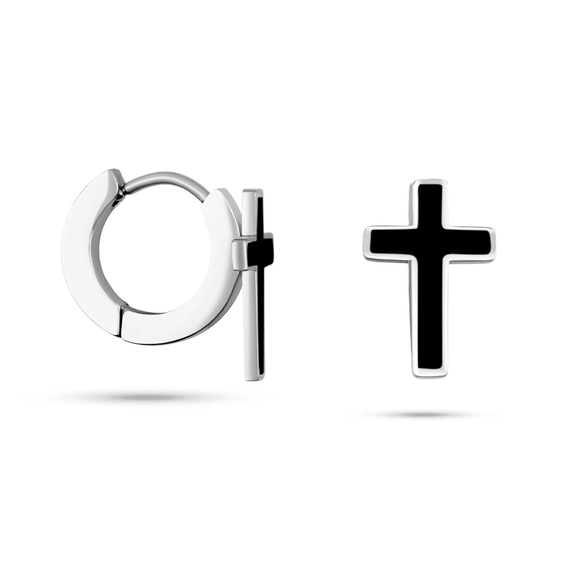 Black enamel cross hoop earrings, 14 mm