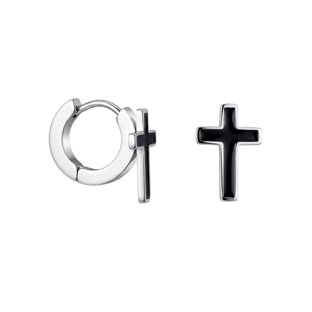 Silver-tone hoop earrings with a black cross motif