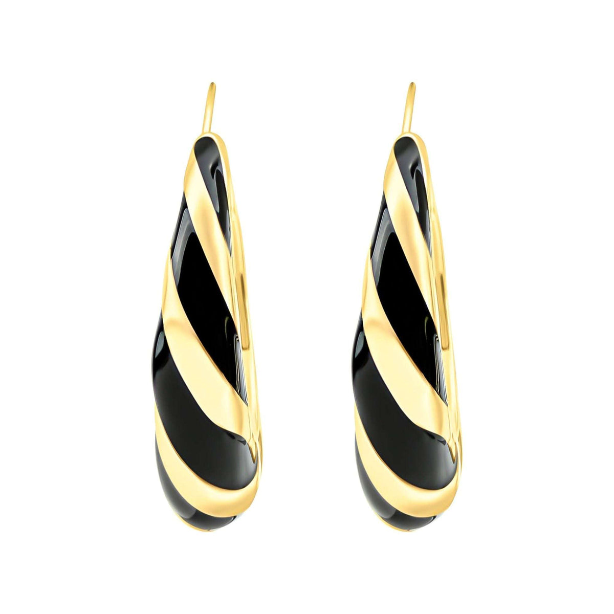 Gold-plated earrings with spiral black enamel stripes and an Omega back on white
