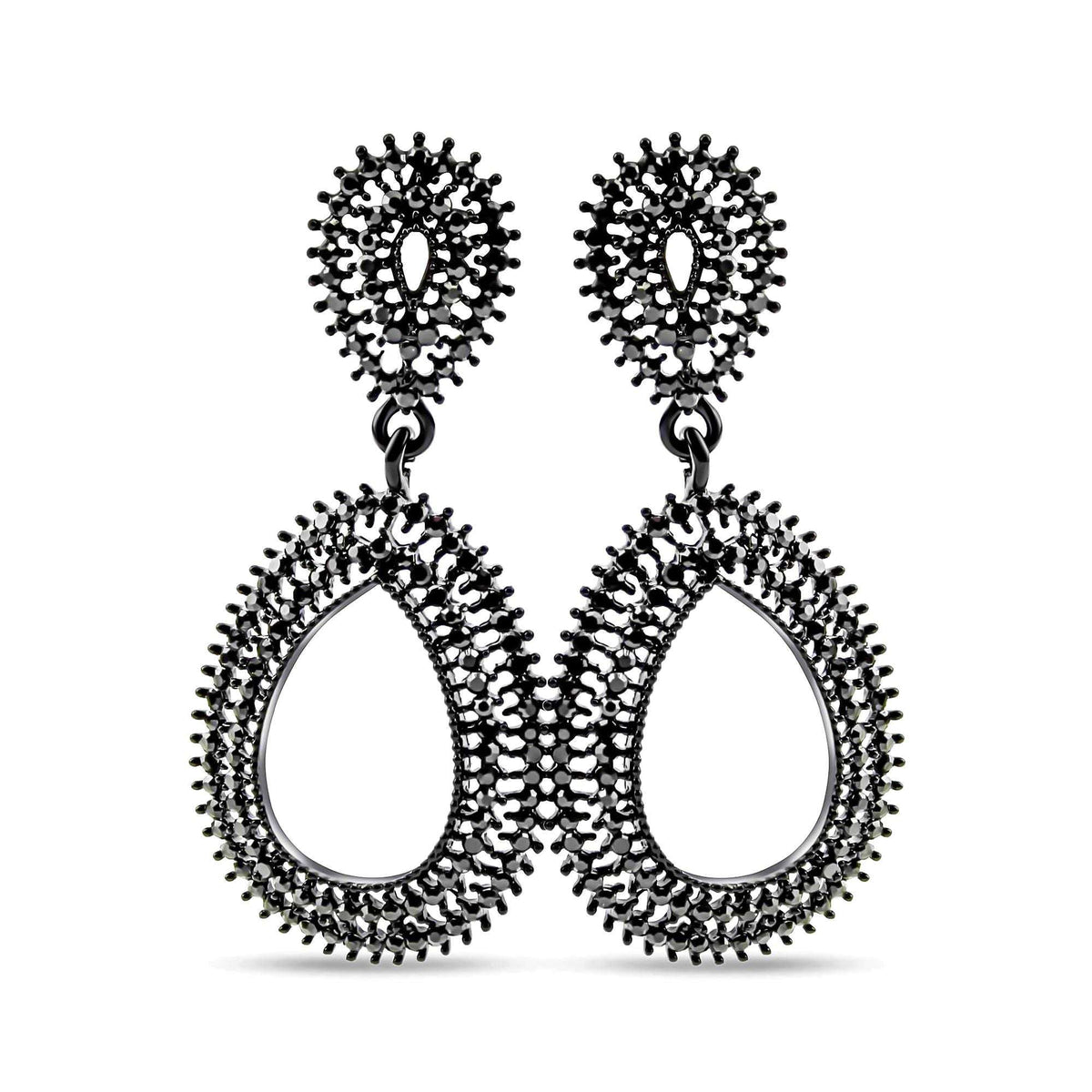Long black openwork teardrop earrings with small black stones on a white background