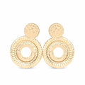 Round gold-plated open-centre earrings with a raised twisted pattern on a white background