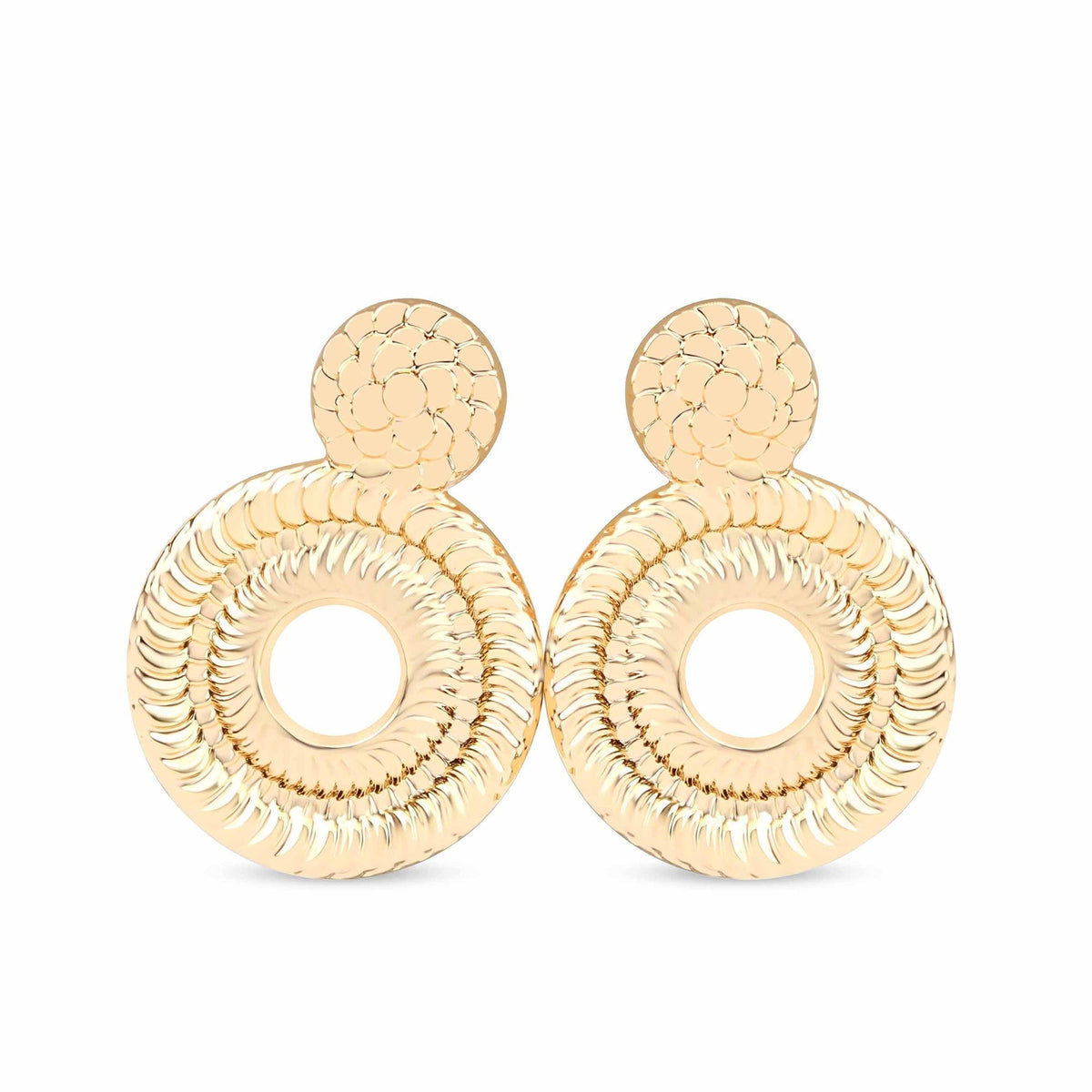 Round gold-plated open-centre earrings with a raised twisted pattern on a white background
