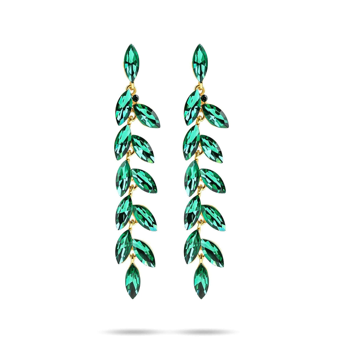 Long earrings with green leaf-shaped crystals in a gold-plated frame