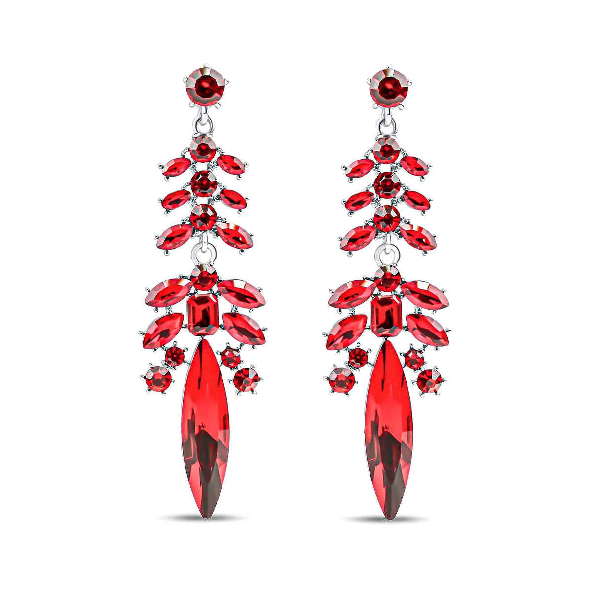 Long silver-tone earrings with red cubic zirconia and a long marquise-shaped stone
