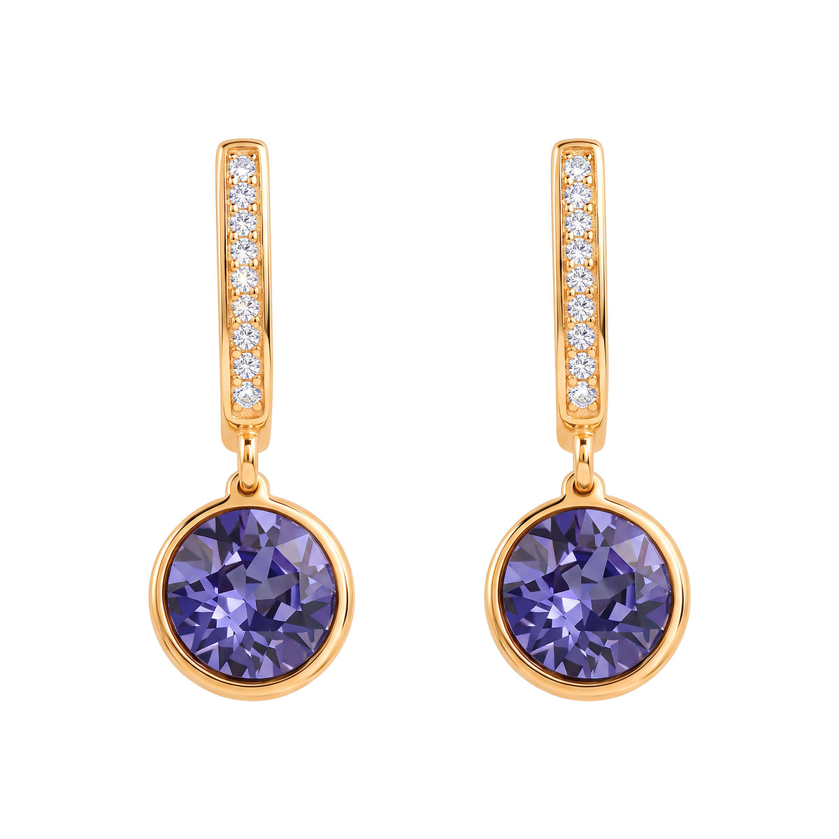 Gold-plated drop earrings with a large lilac crystal and a row of cubic zirconia