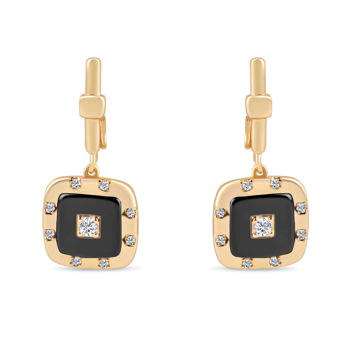 Gold-plated square earrings with black ceramic and white cubic zirconia around the frame