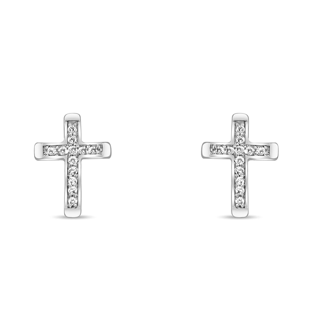 Silver-tone cross earrings with sparkling stones on a white background