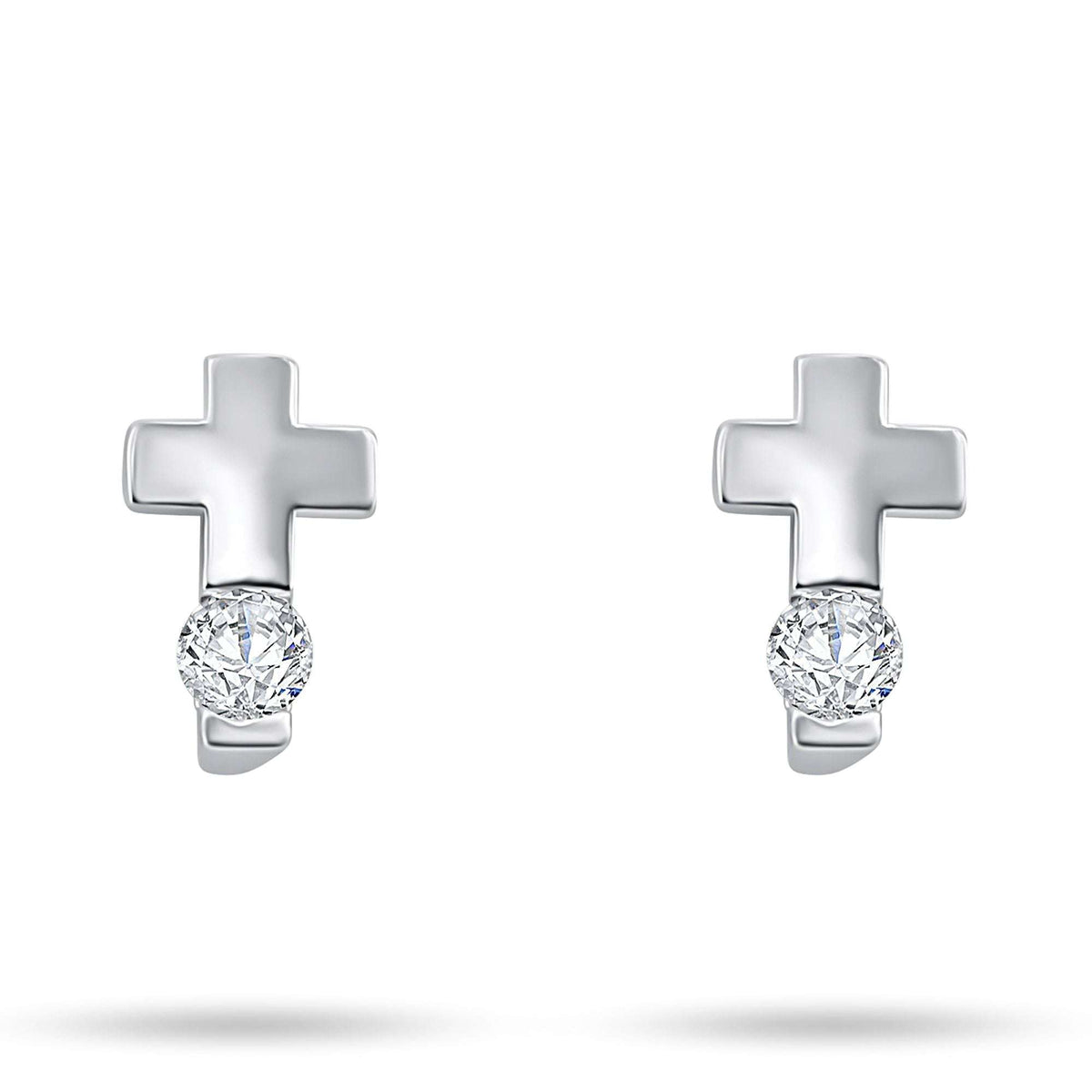 Silver-tone cross earrings with a round sparkling cubic zirconia below the cross