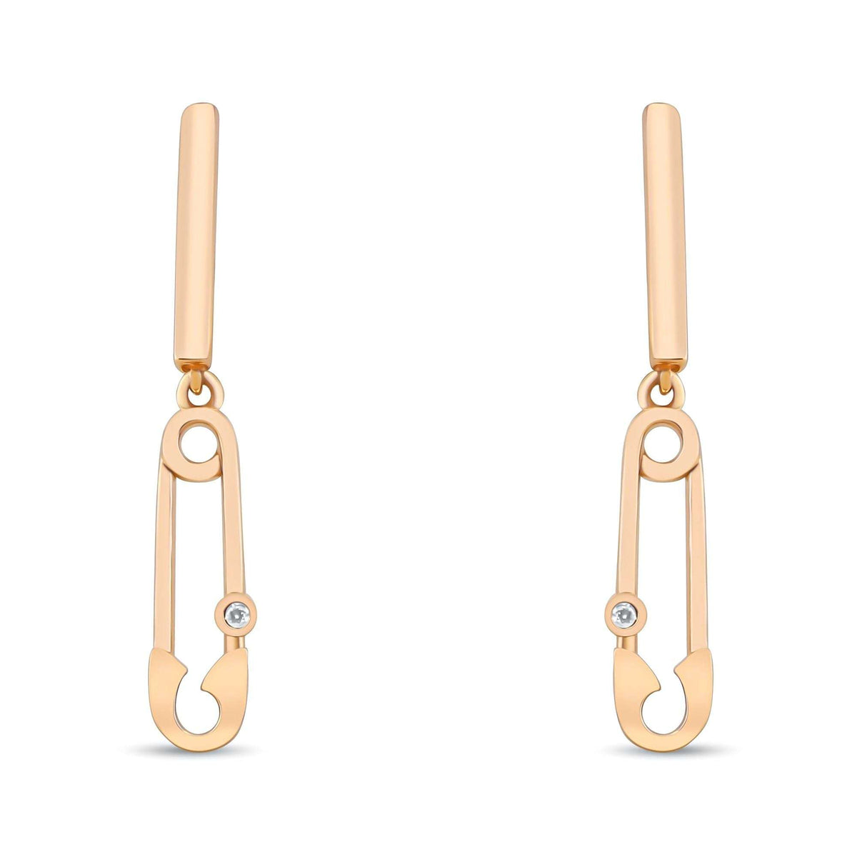 Long safety pin earrings with gold plating and a small sparkling stone