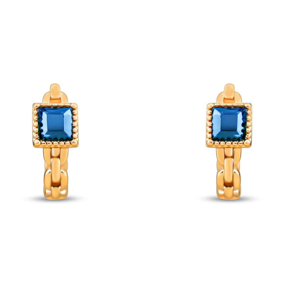 Close-up of gold-plated hoop earrings with a chain pattern and square navy stone