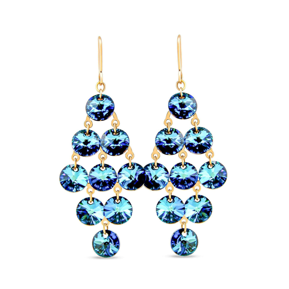 Long cascade earrings with blue-green round crystals and gold-plated French hooks
