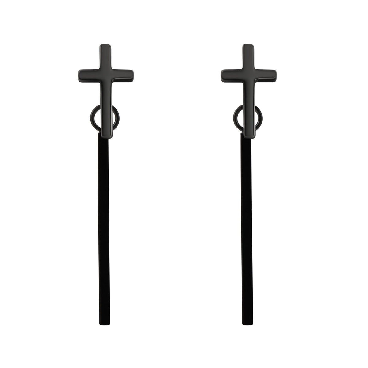 Black cross earrings with a hanging straight bar and push-back fastenings on white
