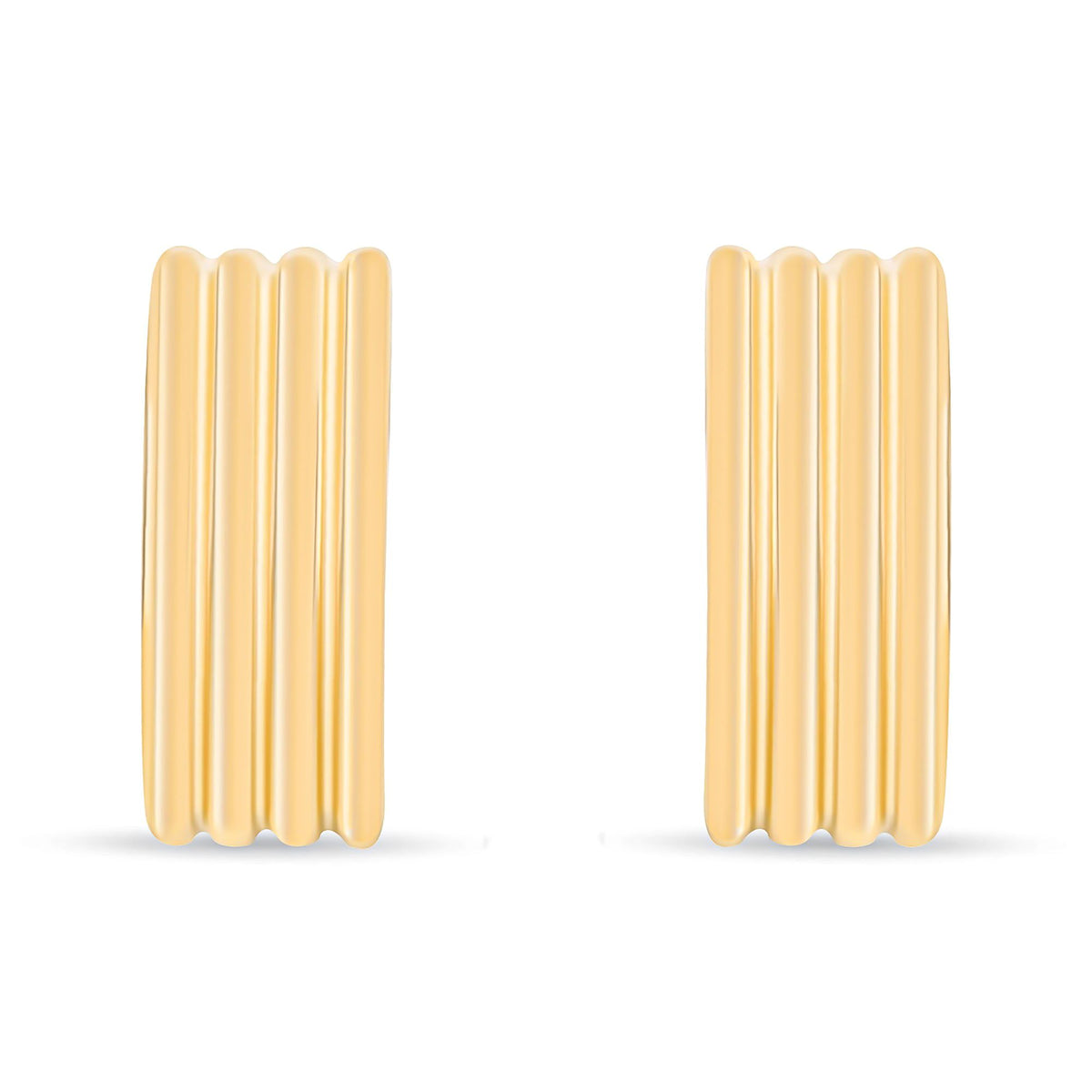 Rectangular stud earrings with vertical ribbing and a shiny gold-tone finish