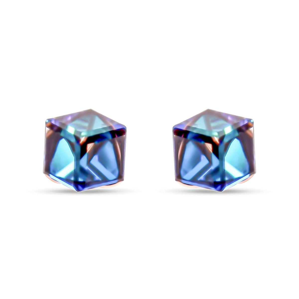 Blue-violet cube crystal stud earrings with a gold-tone post