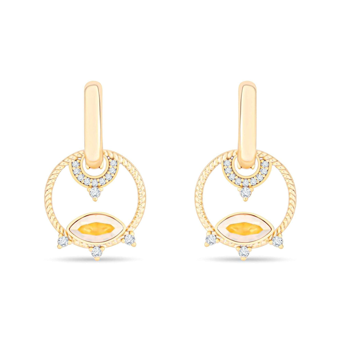 Gold-tone earrings with a circle drop, yellow marquise stone and white cubic zirconia