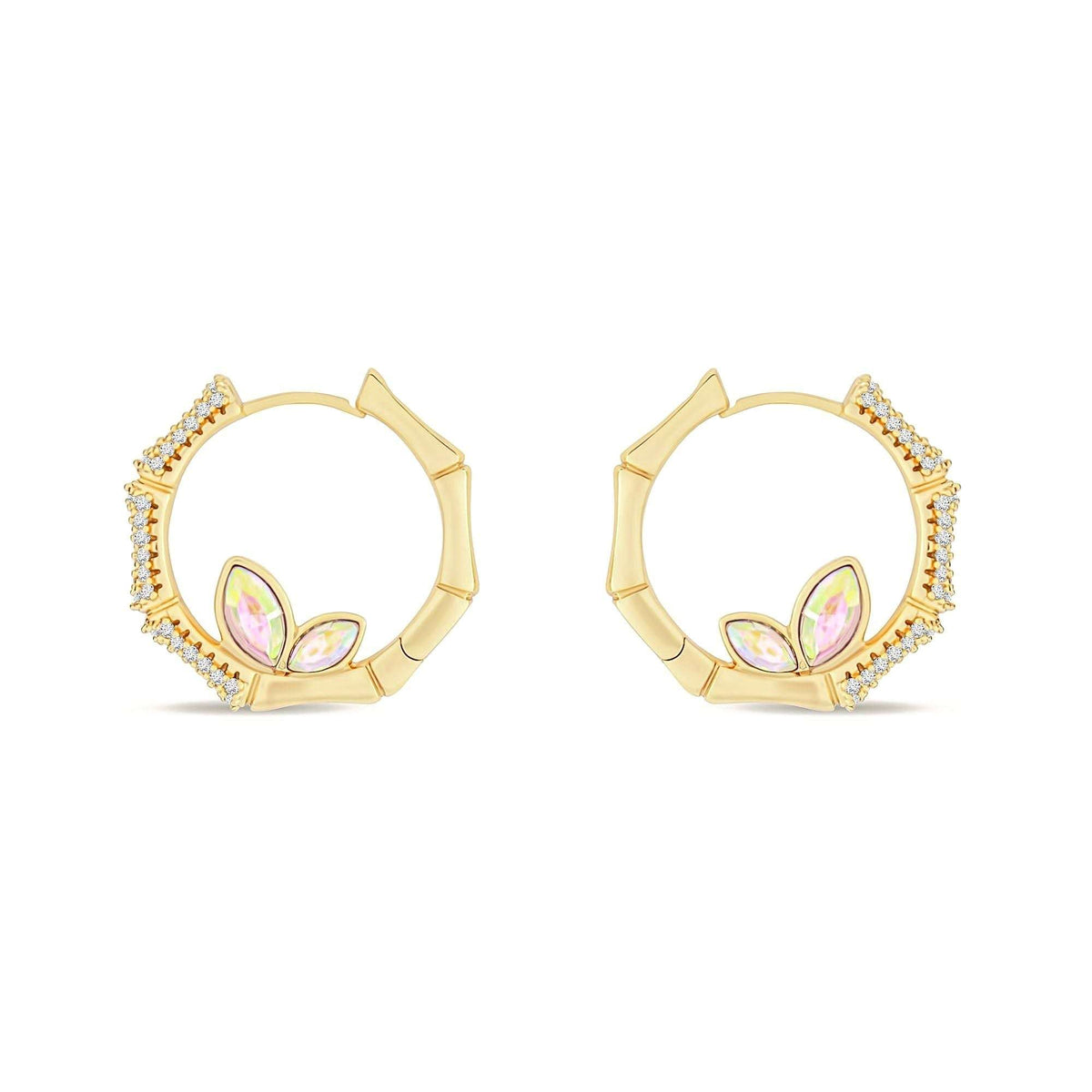 Gold-plated hoop earrings with a cubic zirconia row and two rainbow crystals