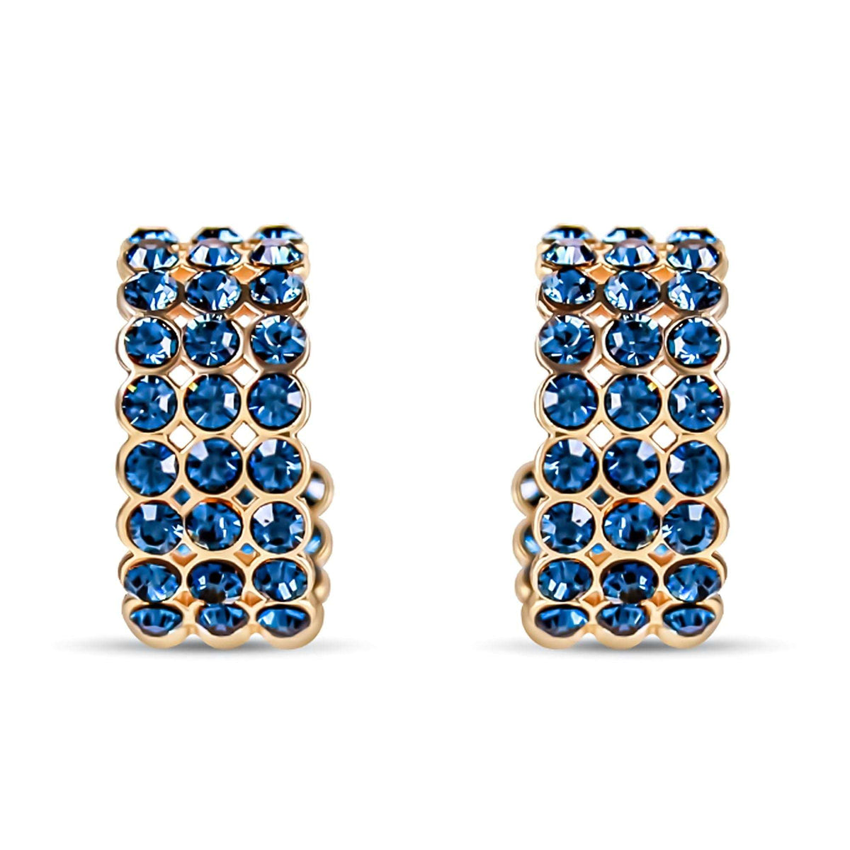 Gold-plated earrings with three rows of deep blue crystals, curved half-hoop shape
