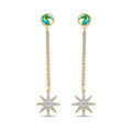 Long earrings with a star charm, crystal chain and greenish stud stone