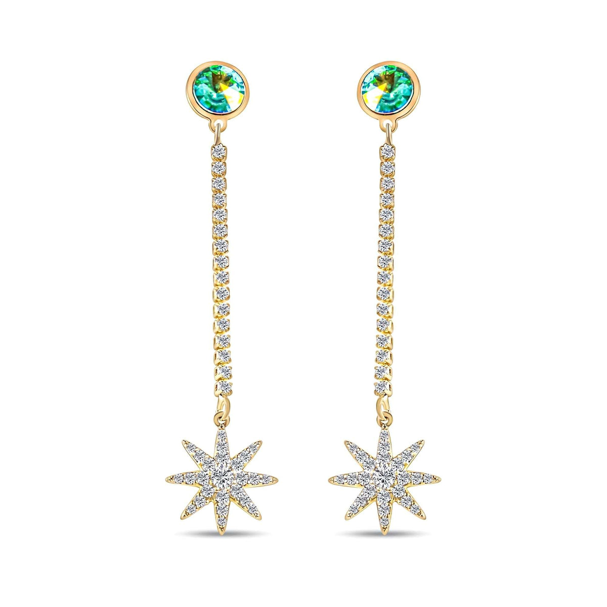 Long earrings with a star charm, crystal chain and greenish stud stone