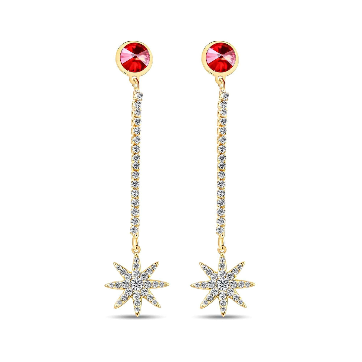 Long gold-plated earrings with a red crystal, sparkling chain and star pendant