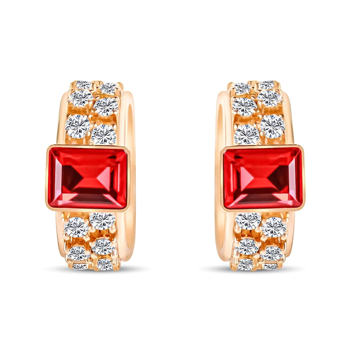 Gold-plated earrings with a rectangular red stone and two rows of cubic zirconia