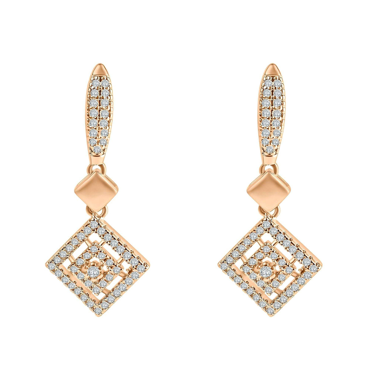 Gold-plated drop earrings with an openwork rhombus, cubic zirconia and leverback clasps