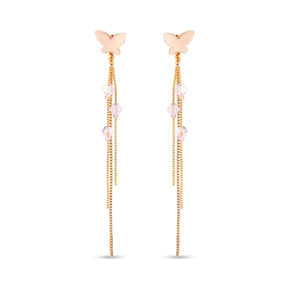 Gold-tone long earrings with a butterfly stud and three chains of crystal beads