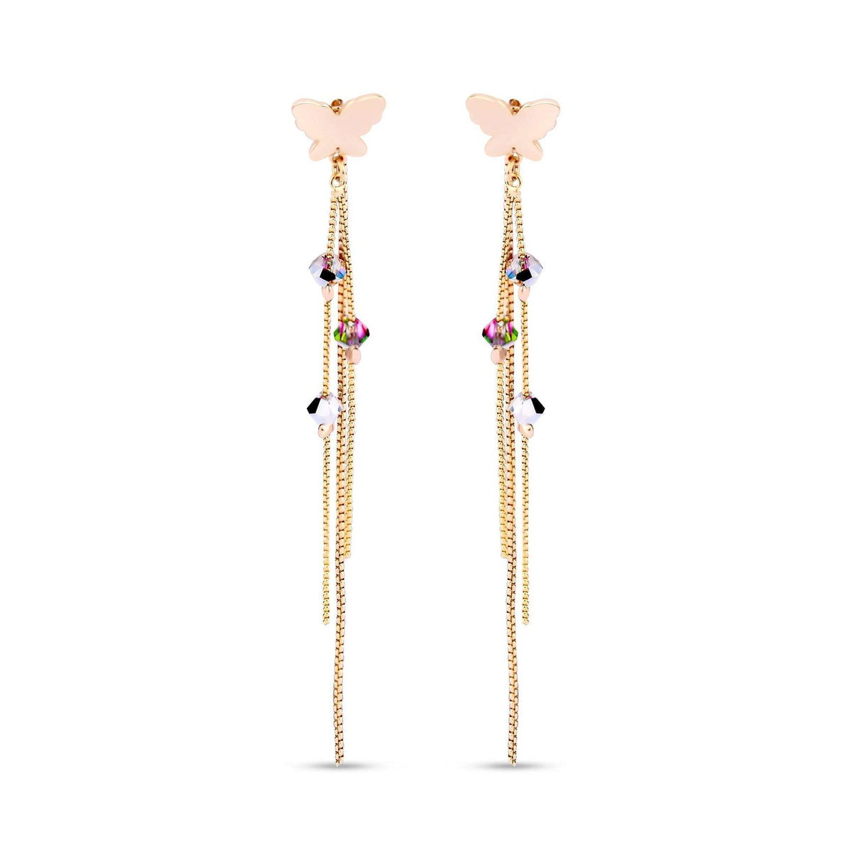 Pair of long gold-plated butterfly earrings, each with three sparkling crystal chains