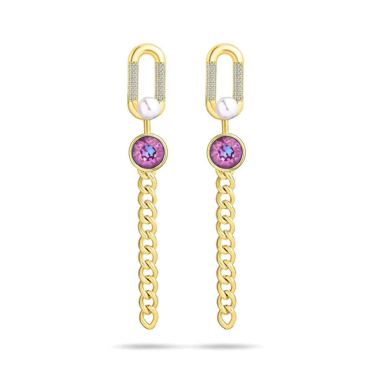 Long gold-plated chain earrings with a pearl, violet crystal and cubic zirconia