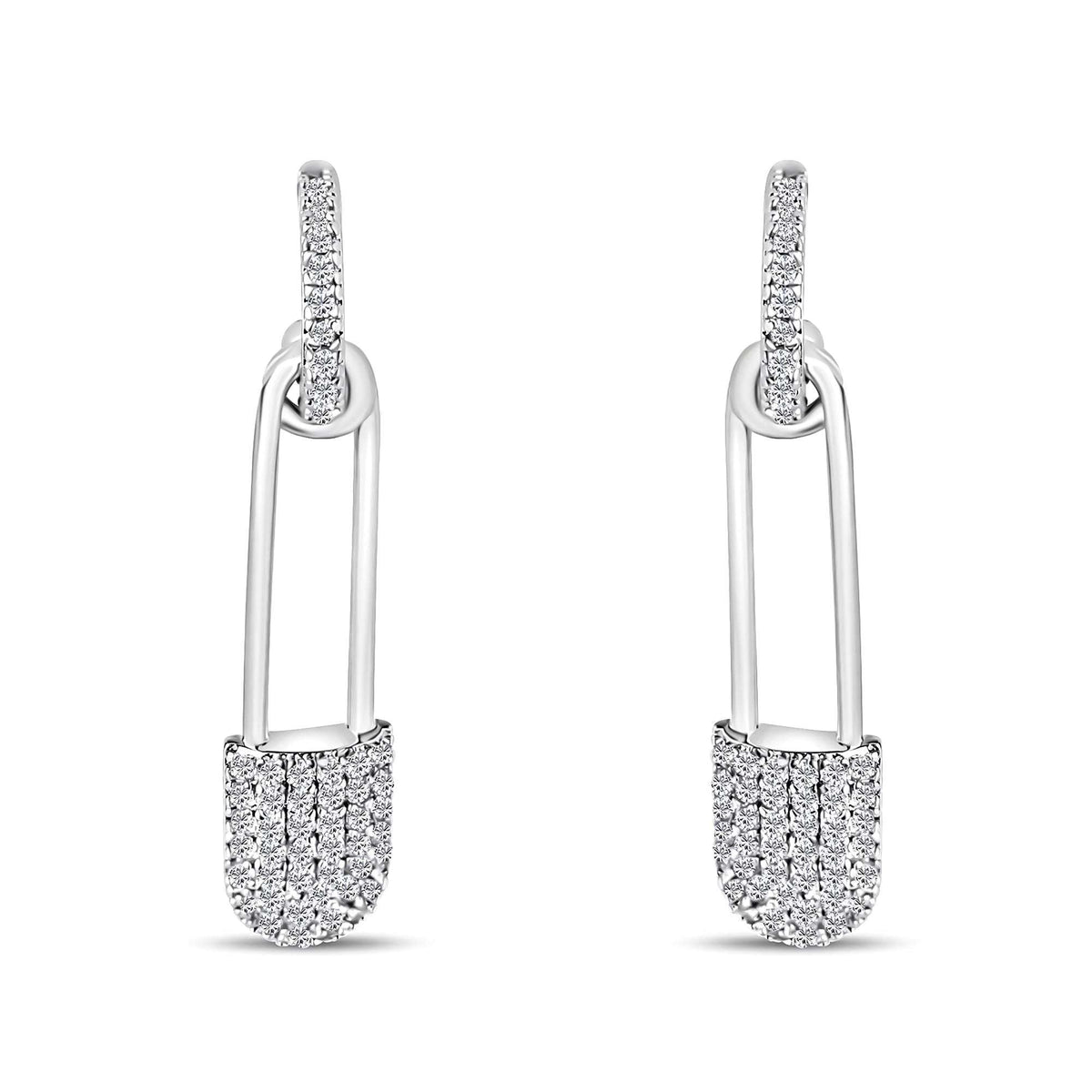 Silver-tone safety pin earrings with a zirconia-set end and small arch
