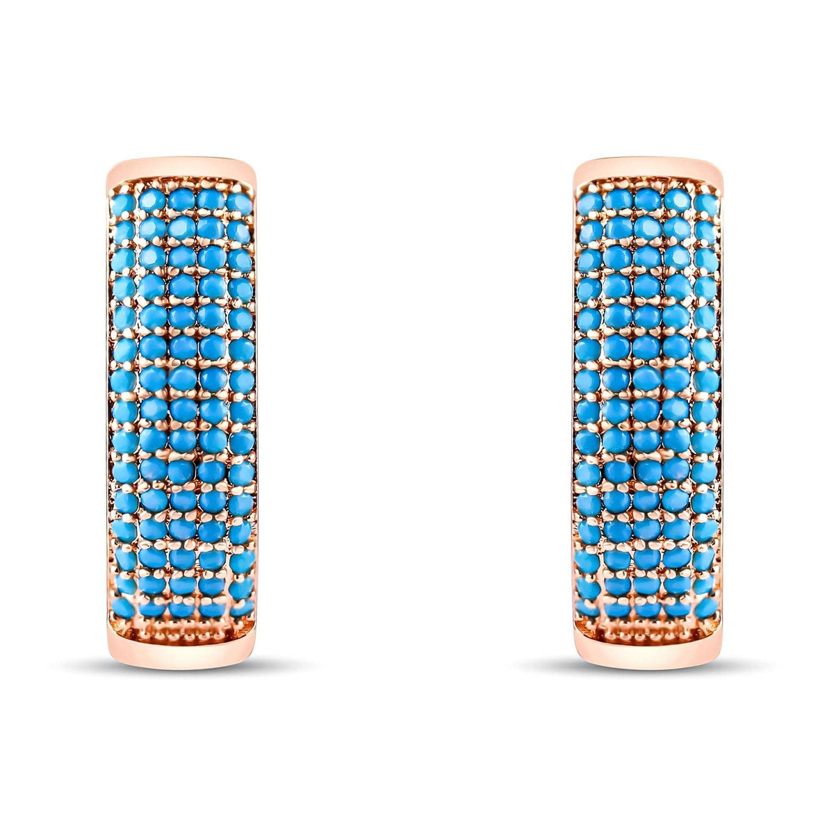 Wide band earrings with five rows of bright blue stones in a gold-tone frame