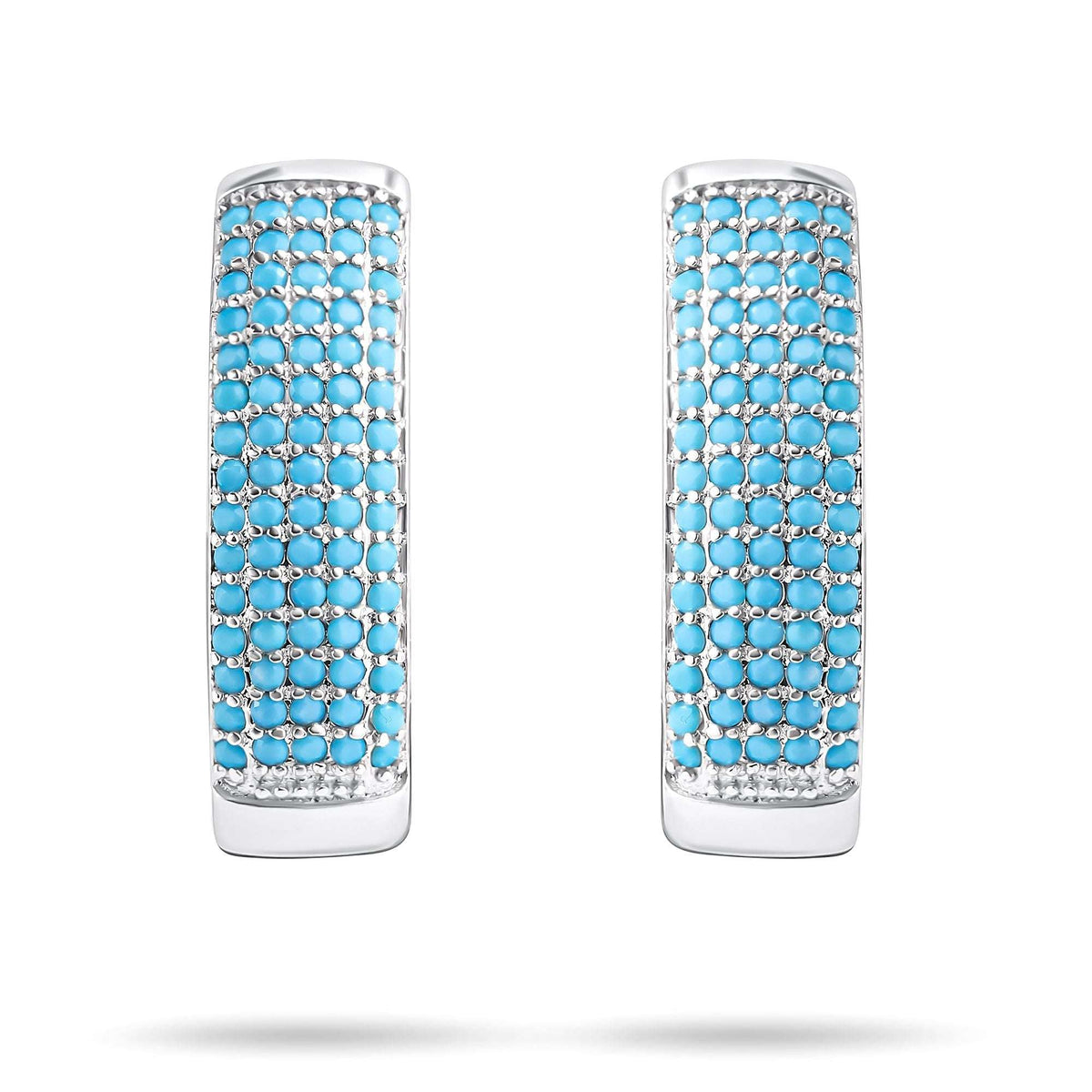 Silver-tone wide band earrings densely set with bright blue stones in five rows